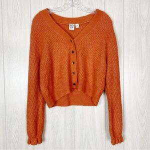 Roxy | Burnt Orange Metallic Button Front Cropped Knit Cardigan Size Small